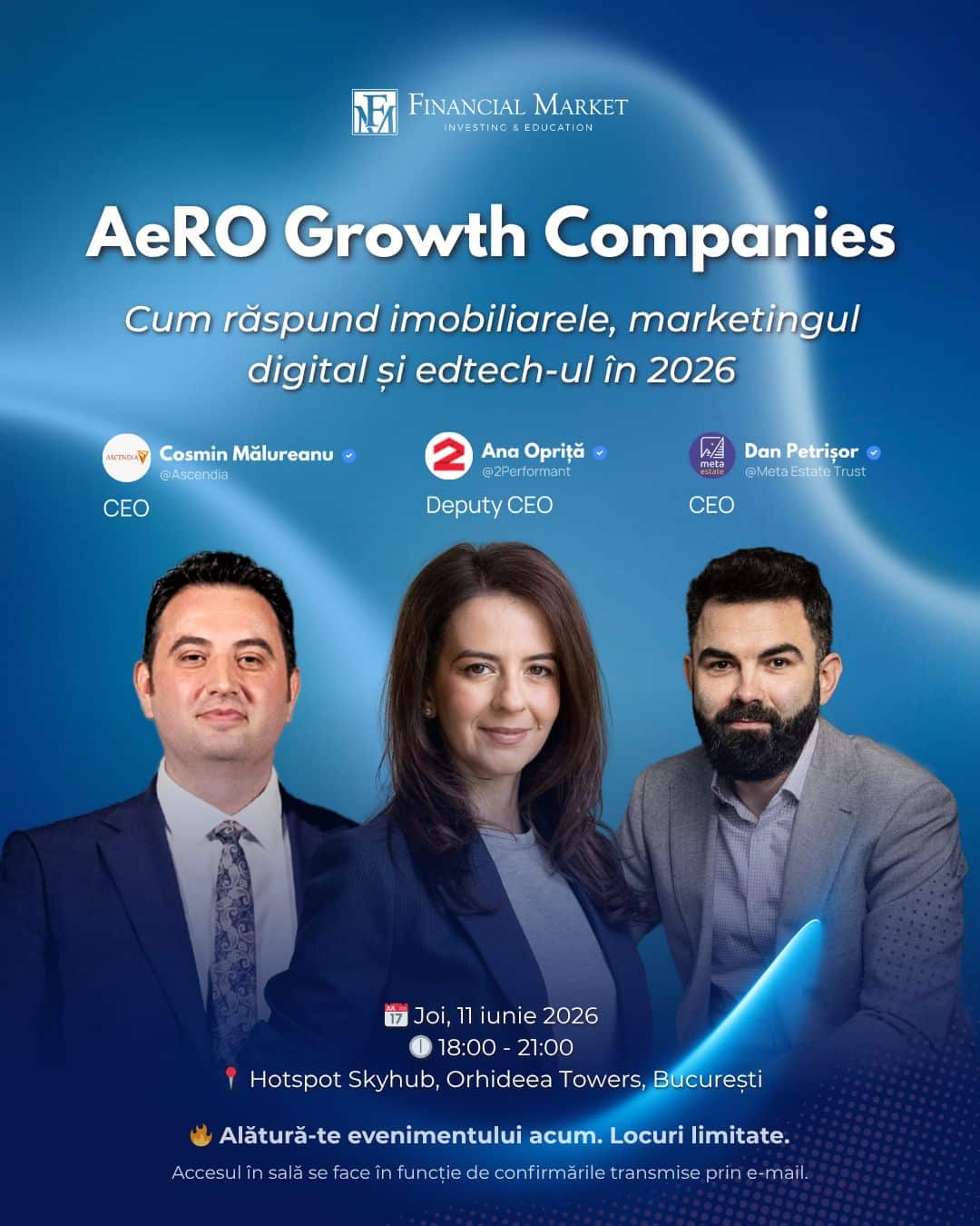 AeRO Growth Companies Meet-up — Cosmin Mălureanu (Ascendia), Ana Opriță (2Performant), Dan Petrișor (Meta Estate Trust)